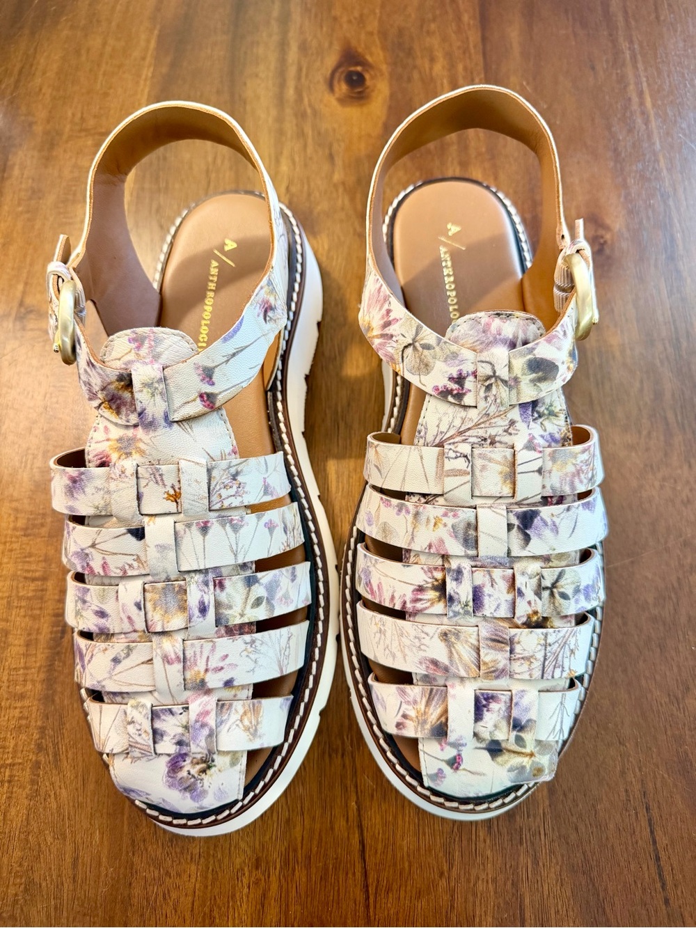 Anthropologie Cream Floral Woven Leather Slingback Sandals